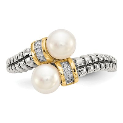 Sterling Silver & 14K Gold Freshwater Cultured Pearl & Diamond By-Pass Ring – view 5