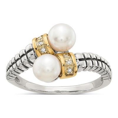 Sterling Silver & 14K Gold Freshwater Cultured Pearl & Diamond By-Pass Ring