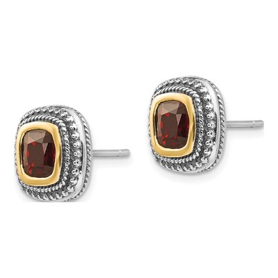 Sterling Silver & 14K Gold 6mm Garnet Cushion Bezel Stud Earrings – view 3