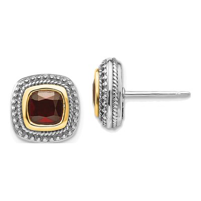 Sterling Silver & 14K Gold 6mm Garnet Cushion Bezel Stud Earrings