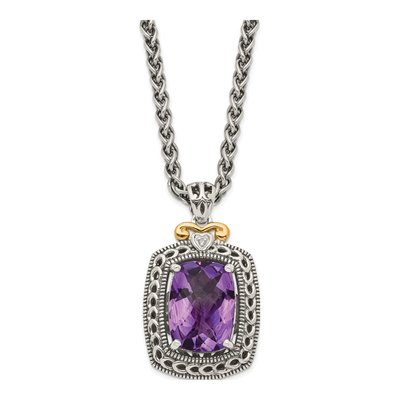 Sterling Silver & 14K Gold Amethyst & Diamond Pendant Necklace
