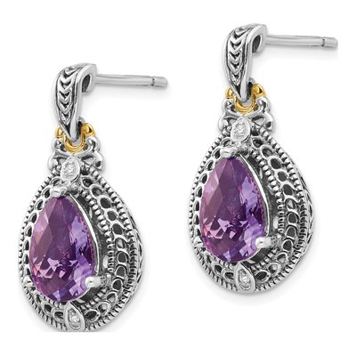 Sterling Silver & 14K Gold Amethyst & Diamond Dangle Earrings – view 3