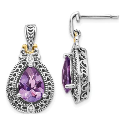 Sterling Silver & 14K Gold Amethyst & Diamond Dangle Earrings