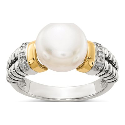 Sterling Silver & 14K Gold Freshwater Cultured Pearl & Diamond Ring