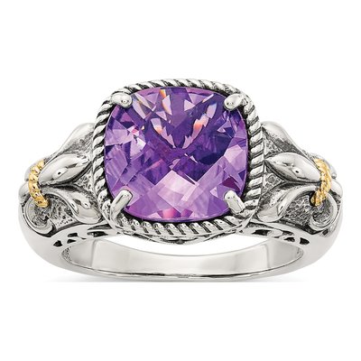 Sterling Silver & 14K Gold Amethyst Cushion Ring