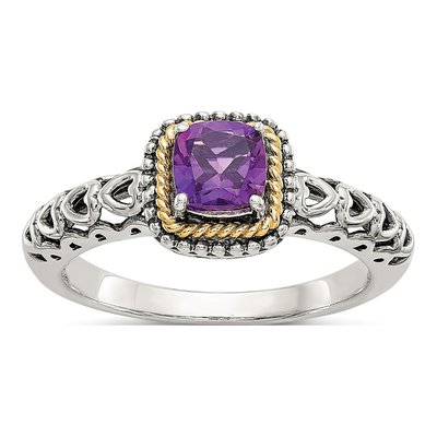 Sterling Silver & 14K Gold Amethyst Cushion Ring