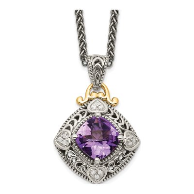 Sterling Silver & 14K Gold 1/20 ct tw Amethyst & Diamond Pendant Necklace