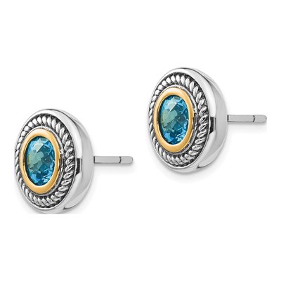Sterling Silver & 14K Gold 6mm Round Sky Blue Topaz Button Stud Earrings – view 3