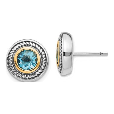 Sterling Silver & 14K Gold 6mm Round Sky Blue Topaz Button Stud Earrings