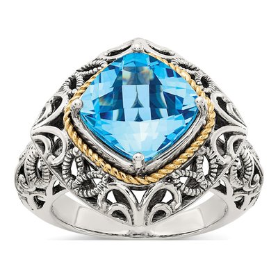 Sterling Silver & 14K Gold Sky Blue Topaz Cushion Ring