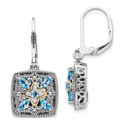 Sterling Silver & 14K Gold Swiss Blue Topaz & Diamond Leverback Earrings
