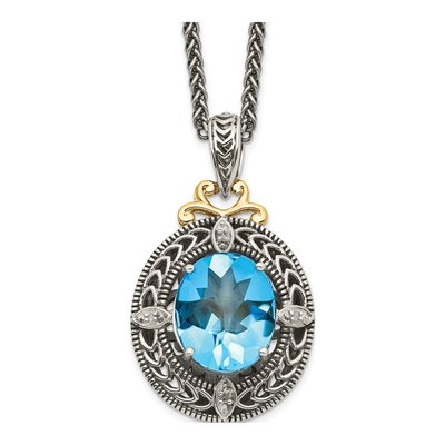 Sterling Silver & 14K Gold Swiss Blue Topaz & Diamond Pendant Necklace