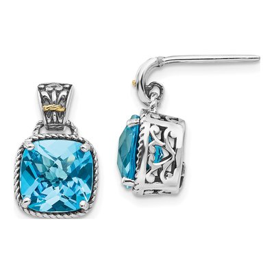 Sterling Silver & 14K Gold Sky Blue Topaz Cushion Dangle Earrings