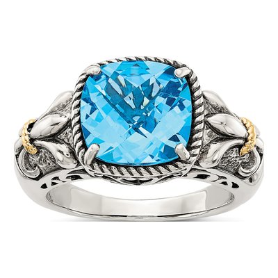Sterling Silver & 14K Gold Sky Blue Topaz Cushion Ring
