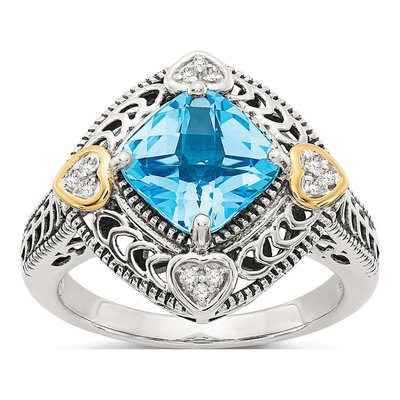 Sterling Silver & 14K Gold 1/20 ct tw Swiss Blue Topaz & Diamond Cushion Ring