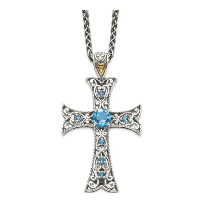 Sterling Silver & 14K Gold Sky Blue Topaz Cross Necklace