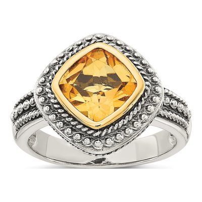 Sterling Silver & 14K Gold Citrine Cushion Ring