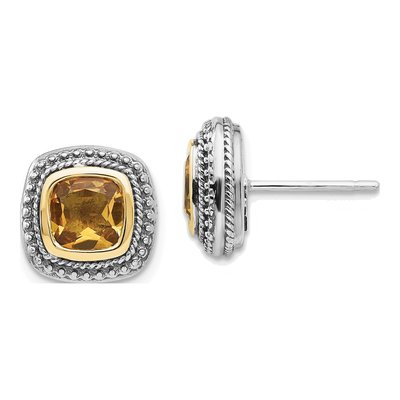 Sterling Silver & 14K Gold 6mm Citrine Cushion Stud Earrings