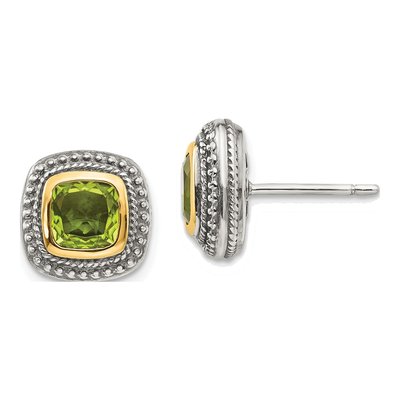Sterling Silver & 14K Gold 6mm Cushion Peridot Stud Earrings