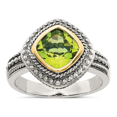 Sterling Silver & 14K Gold Peridot Cushion Bezel Ring