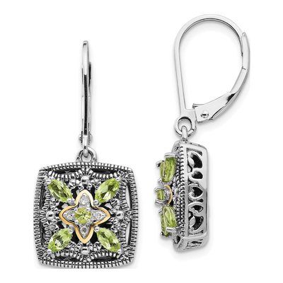 Sterling Silver & 14K Gold Peridot & Diamond Marquise Leverback Earrings