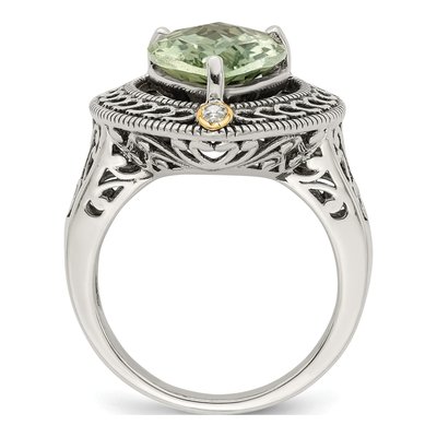 Sterling Silver & 14K Gold Prasiolite & Diamond Pear Ring – view 3