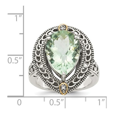 Sterling Silver & 14K Gold Prasiolite & Diamond Pear Ring – view 5