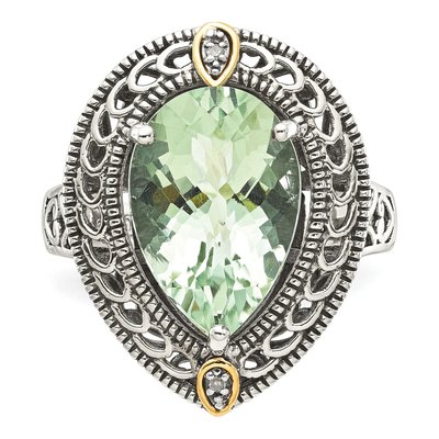 Sterling Silver & 14K Gold Prasiolite & Diamond Pear Ring – view 6
