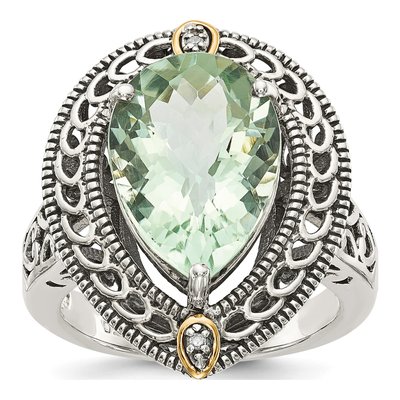 Sterling Silver & 14K Gold Prasiolite & Diamond Pear Ring