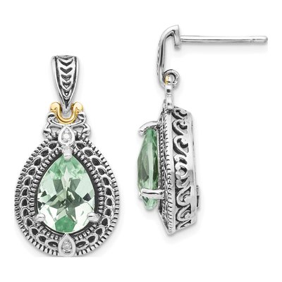 Sterling Silver & 14K Gold Prasiolite & Diamond Dangle Earrings