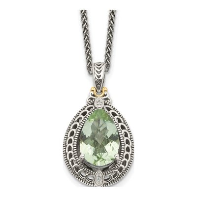 Sterling Silver & 14K Gold Prasiolite & Diamond Pendant Necklace