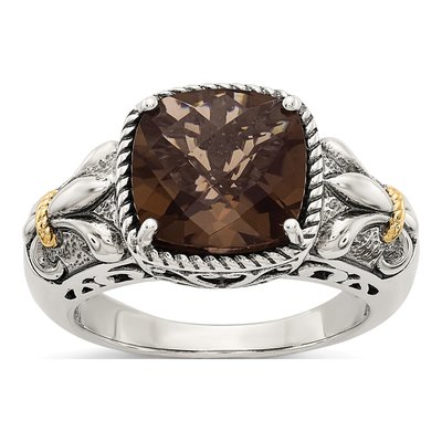 Sterling Silver & 14K Gold Smoky Quartz Cushion Ring