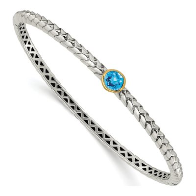Sterling Silver & 14K Gold Swiss Blue Topaz Bezel Bangle Bracelet