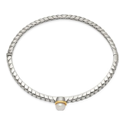 Sterling Silver & 14K Gold Freshwater Cultured Pearl Hinged Bangle Bracelet – view 2