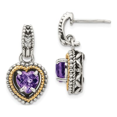 Sterling Silver & 14K Gold Amethyst Heart Dangle Earrings