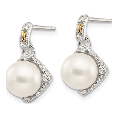 Sterling Silver & 14K Gold Freshwater Cultured Pearl & Diamond Dangle Earrings – view 2