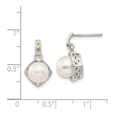 Sterling Silver & 14K Gold Freshwater Cultured Pearl & Diamond Dangle Earrings – view 4