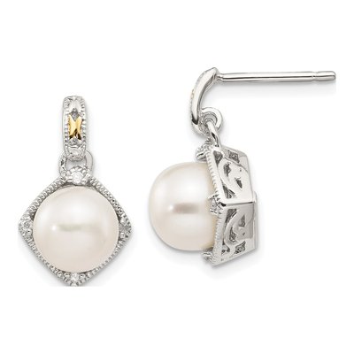 Sterling Silver & 14K Gold Freshwater Cultured Pearl & Diamond Dangle Earrings