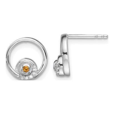 Sterling Silver 1.6mm Citrine & Diamond Button Stud Earrings