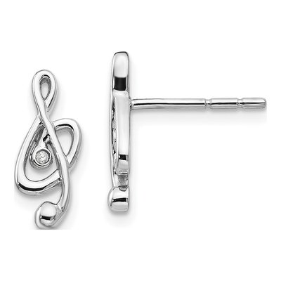 Sterling Silver 1mm Round Diamond Musical Note Stud Earrings