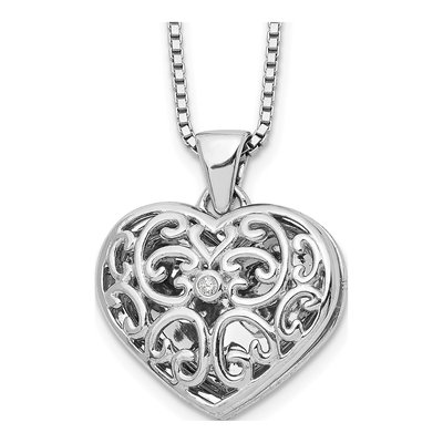 Sterling Silver Diamond Filigree Heart Locket Necklace