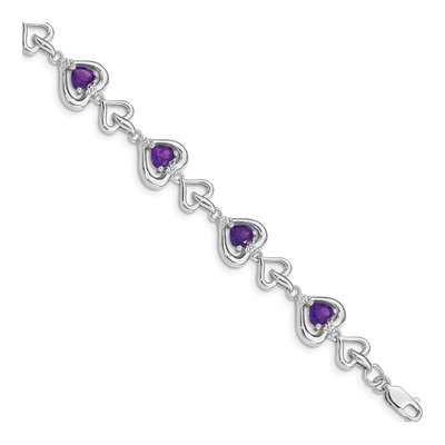 Sterling Silver 1/15 ct tw Amethyst & Diamond Heart Bracelet