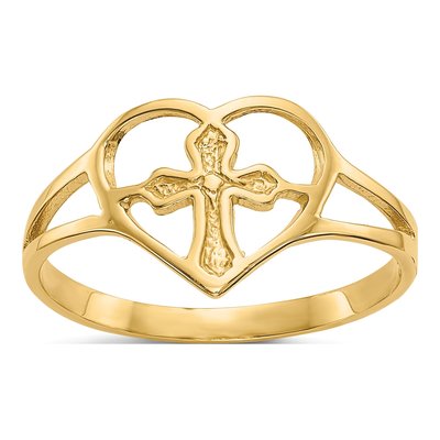 14K Yellow Gold Cross Heart Ring