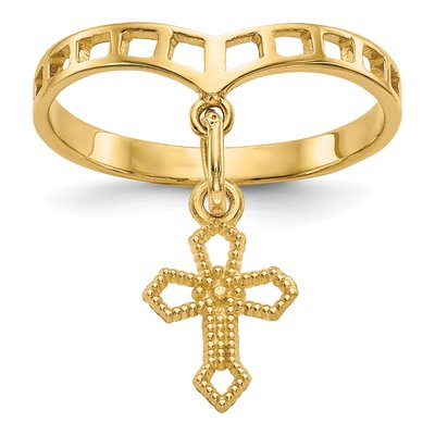 14K Yellow Gold Cross Dangle Ring