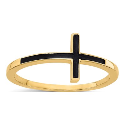 14K Yellow Gold Antiqued Sideways Cross Ring
