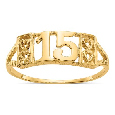 14K Yellow Gold Quinceanera 15-Hearts Ring