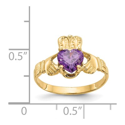 14K Yellow Gold February CZ Claddagh Ring – view 3