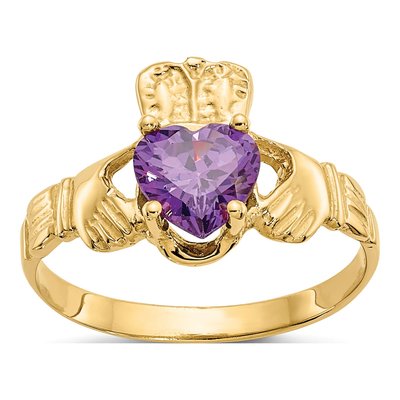 14K Yellow Gold February CZ Claddagh Ring
