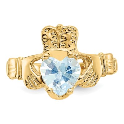 14K Yellow Gold March CZ Claddagh Birthstone Ring – view 5