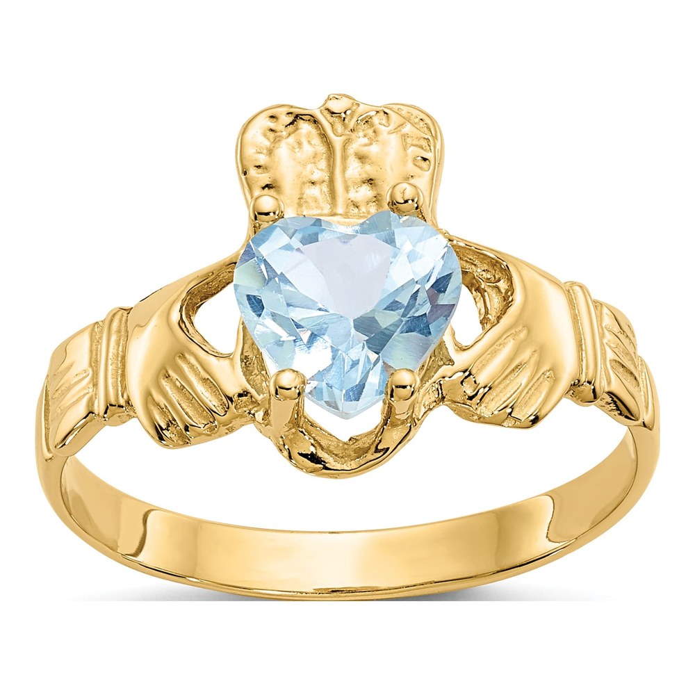 14K Yellow Gold March CZ Claddagh Birthstone Ring